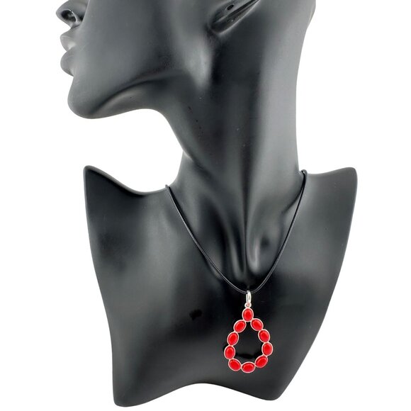 Flirty and Fun Red Coral Teardrop Necklace with Black Leather Cable Chain - Picture 3 of 8